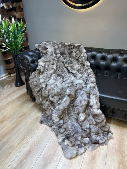 Luxury Ultra Soft Gray Natural Fox Fur Throw Blanket, Real Fur Handmade Blanket