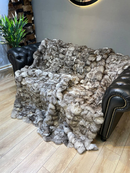 Luxury Ultra Soft Gray Natural Fox Fur Throw Blanket, Real Fur Handmade Blanket