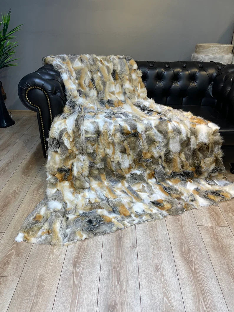 Unique Elegant Real Fox Fur Blanket, Handmade Ultra Soft Cozy Throw