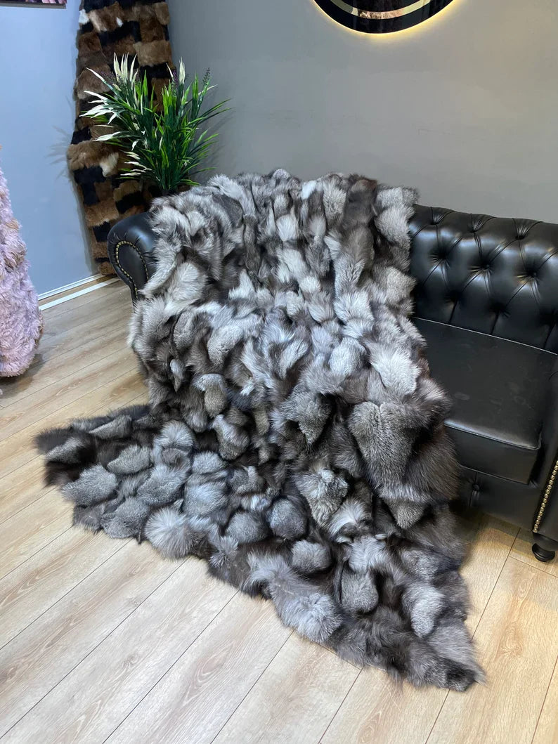 Luxury Gray Real Fox Fur Blanket, Handmade Cozy King Size Throw Blanket