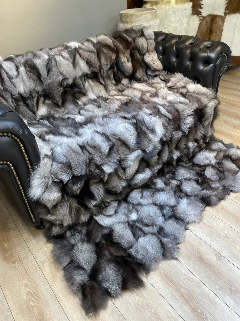 Luxury Gray Real Fox Fur Blanket, Handmade Cozy King Size Throw Blanket