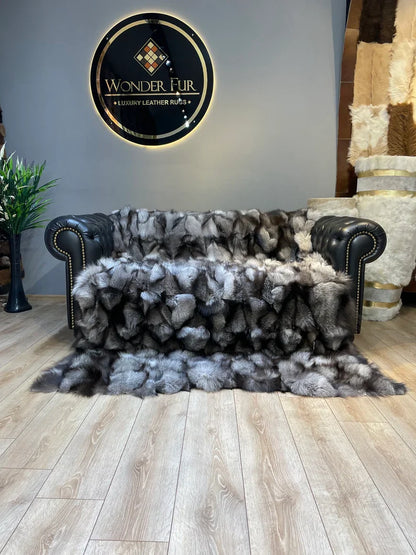 Luxury Gray Real Fox Fur Blanket, Handmade Cozy King Size Throw Blanket