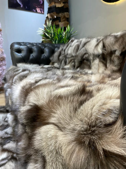 Luxury Gray Real Fox Fur Blanket, Handmade Cozy King Size Throw Blanket