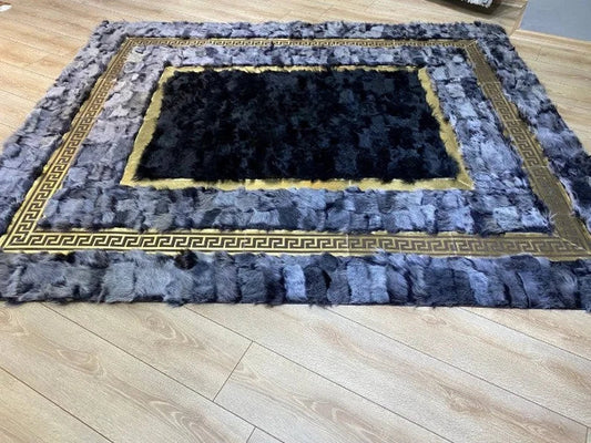 Black and Gray Natural Sheepskin Large Area Rug, Handmade Gold Pattern Rug