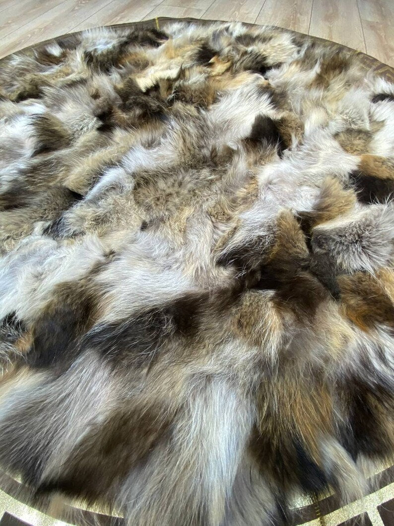 Unique Natural Fox Fur Round Carpet with Gold Borders, Handmade Elegance