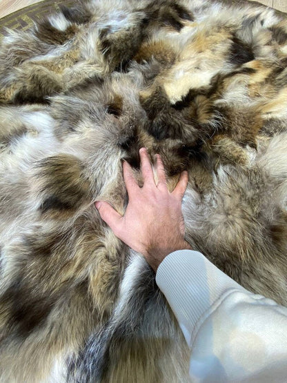 Unique Natural Fox Fur Round Carpet with Gold Borders, Handmade Elegance