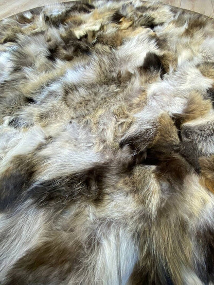 Unique Natural Fox Fur Round Carpet with Gold Borders, Handmade Elegance