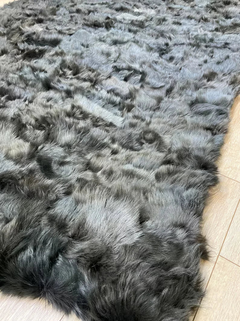 Ultra soft Black Sheepskin Area Rug, Handmade Shaggy Non Slip Rug