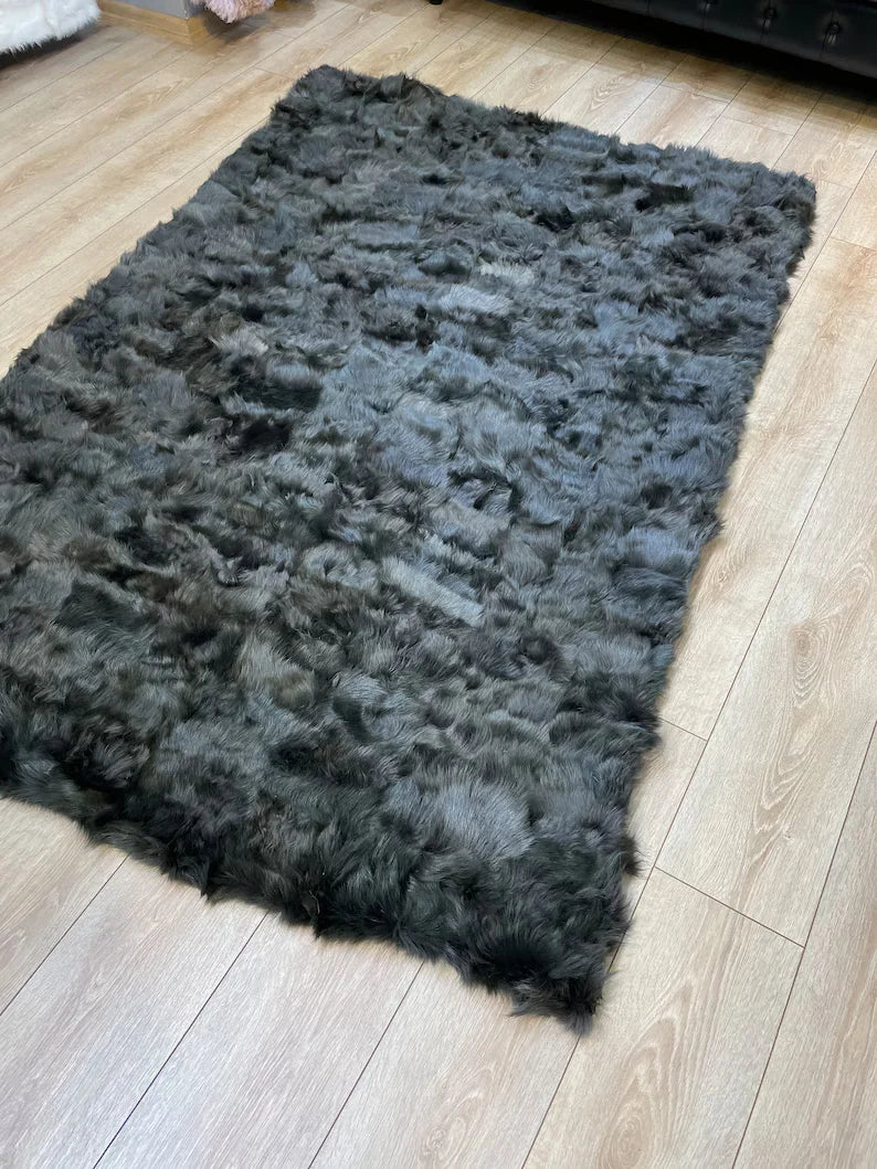 Ultra soft Black Sheepskin Area Rug, Handmade Shaggy Non Slip Rug