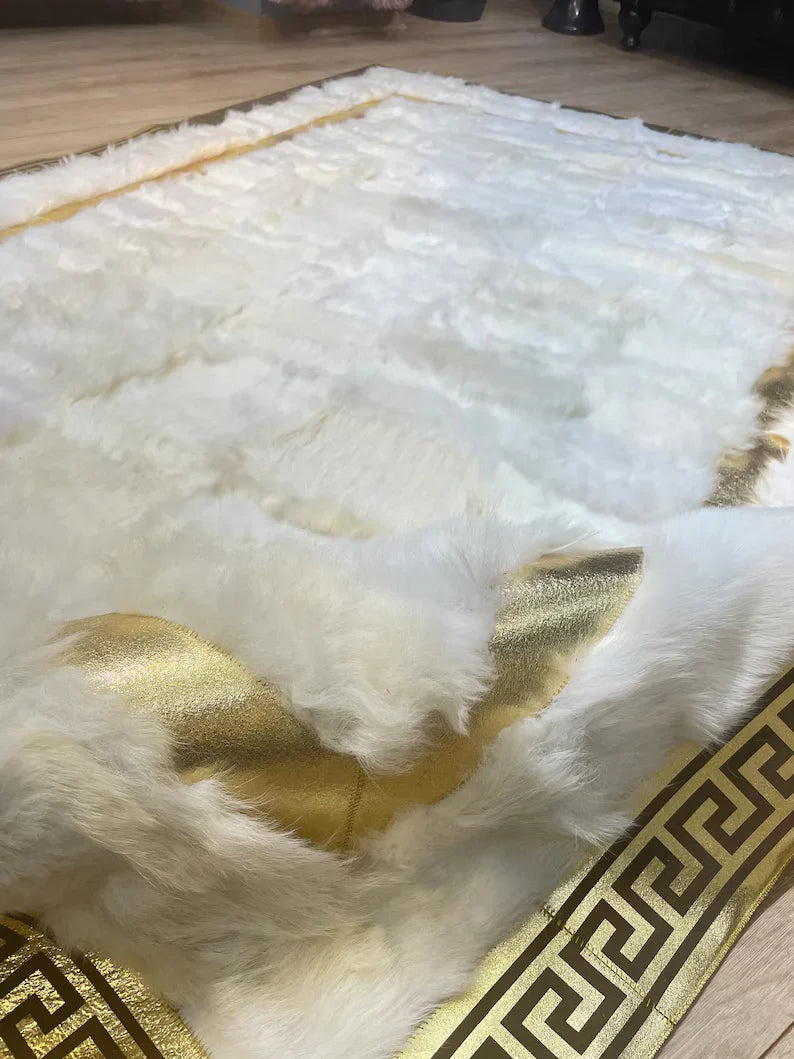 Elegant White Gold Natural Sheepskin Area Rug, Handmade 6x8 Rug