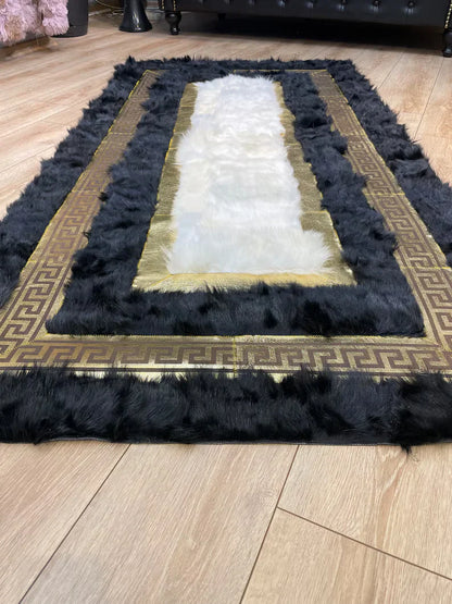 Black White Natural Sheepskin Area Rug, Gold Pattern Living Room Rug