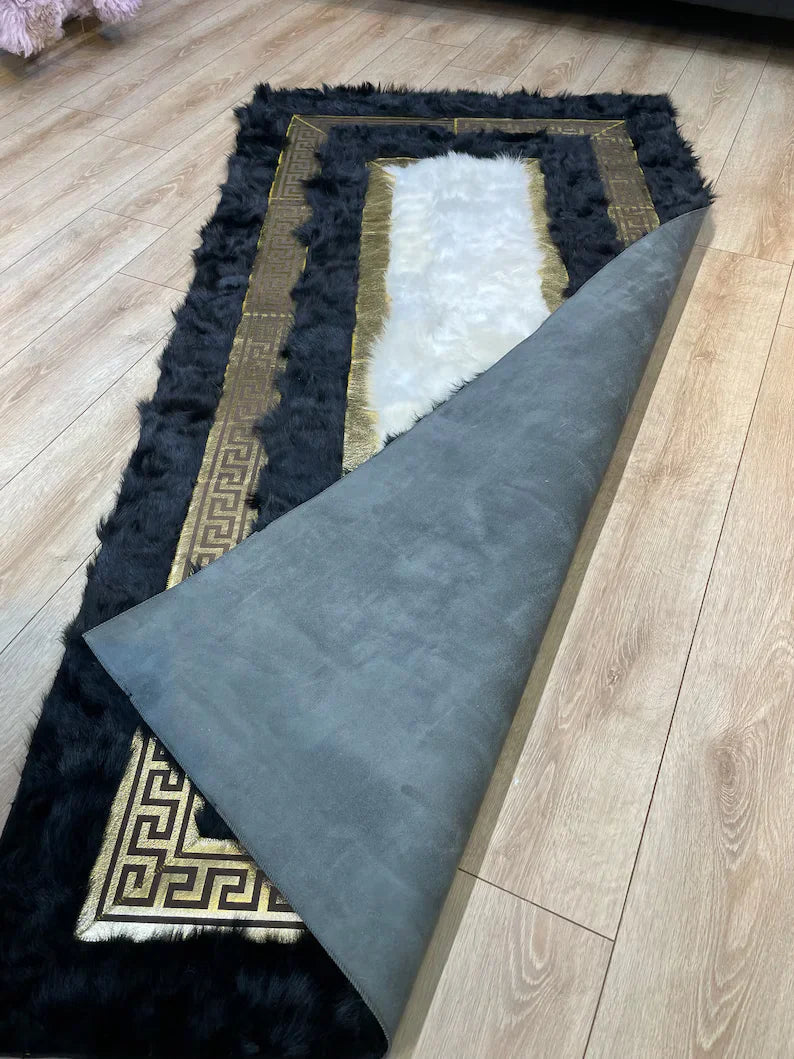 Black White Natural Sheepskin Area Rug, Gold Pattern Living Room Rug