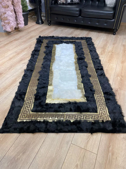 Black White Natural Sheepskin Area Rug, Gold Pattern Living Room Rug