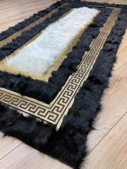 Black White Natural Sheepskin Area Rug, Gold Pattern Living Room Rug