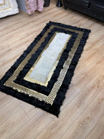 Black White Natural Sheepskin Area Rug, Gold Pattern Living Room Rug