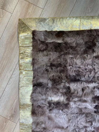 Brown Sheepskin Runner Rug With Gold Borders, Natural Handamde Elegance