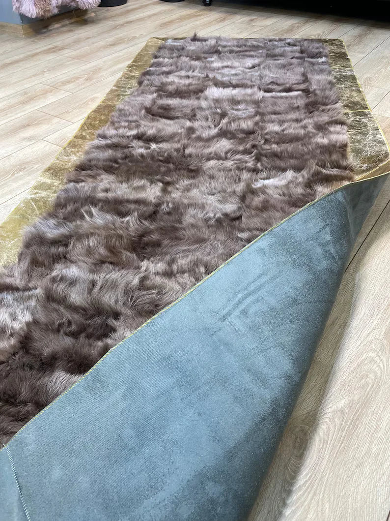 Brown Sheepskin Runner Rug With Gold Borders, Natural Handamde Elegance