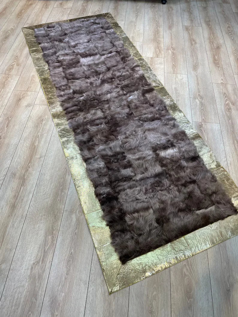 Brown Sheepskin Runner Rug With Gold Borders, Natural Handamde Elegance