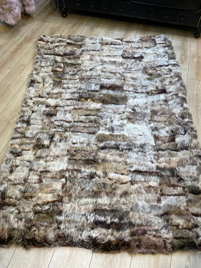 Ultra Soft Brown Shaggy Natural Sheepskin Area Rug, Floor Fur Non Slip Rug