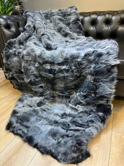 Gray Natural Fur Handmade Sheepskin Patchwork Blanket, Cozy Shaggy Real Fur Throw