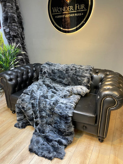 Gray Natural Fur Handmade Sheepskin Patchwork Blanket, Cozy Shaggy Real Fur Throw