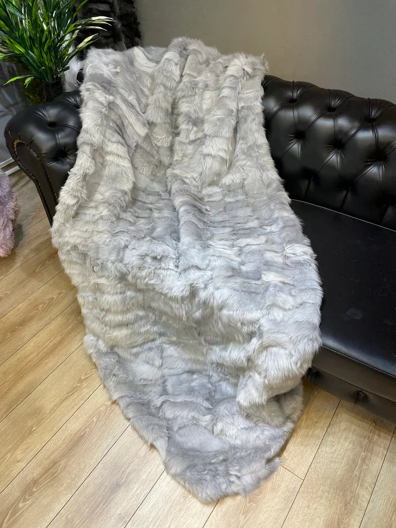 Silver Natural Fur Shaggy Blanket, Real Fur Sheepskin Cozy Throw