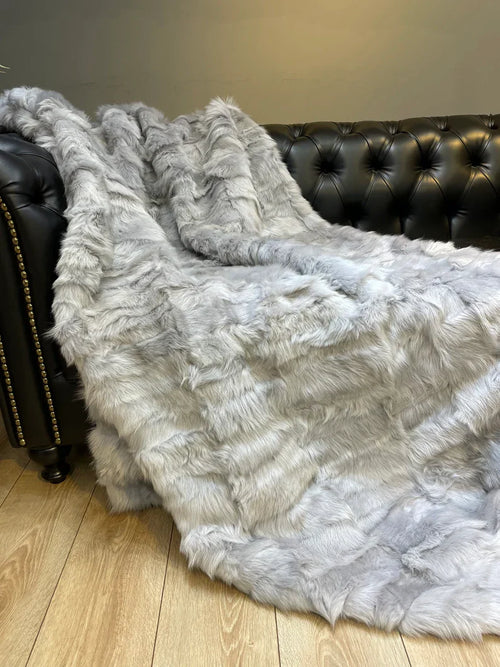 Silver Natural Fur Shaggy Blanket, Real Fur Sheepskin Cozy Throw