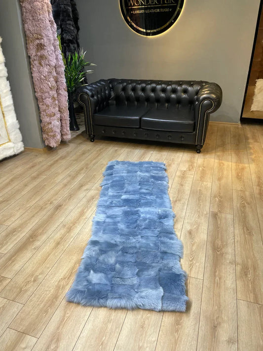 Unique Blue Ultra Soft Natural Sheepskin Runner Rug, Handmade Shaggy Rug