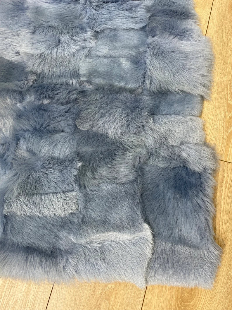 Unique Blue Ultra Soft Natural Sheepskin Runner Rug, Handmade Shaggy Rug