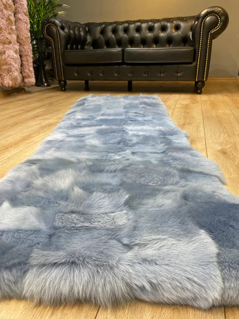 Unique Blue Ultra Soft Natural Sheepskin Runner Rug, Handmade Shaggy Rug