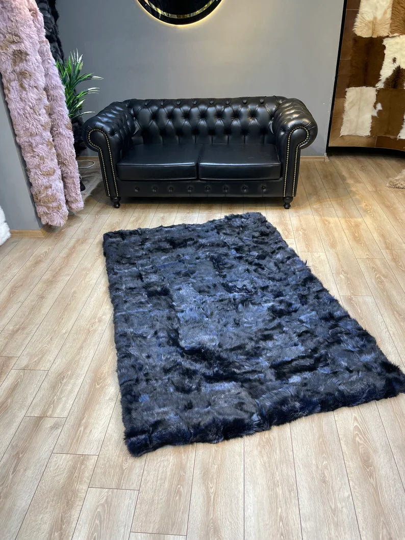 Black Sheepskin Area Rug, Shaggy Fluffy Extra Soft Modern Carpet