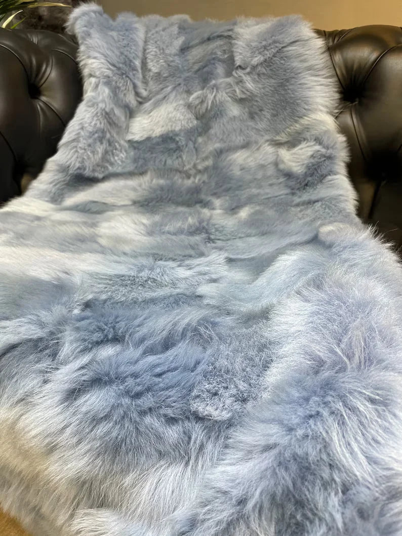 High Quality Natural Sheepskin Light Blue Throw Blanket, Cozy Handmade Blanket