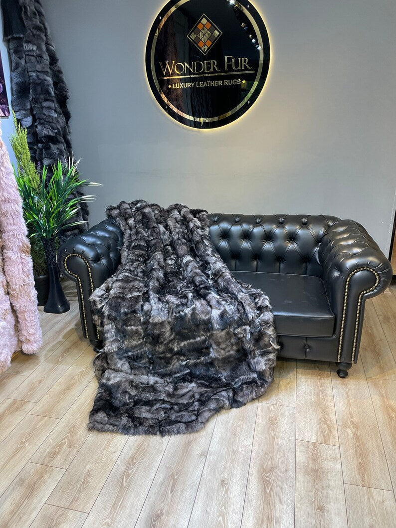 Luxury Genuine Leather Brown Sheepskin Fur Throw, Handmade Fur Blanket