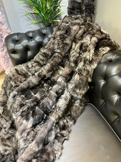 Luxury Genuine Leather Brown Sheepskin Fur Throw, Handmade Fur Blanket