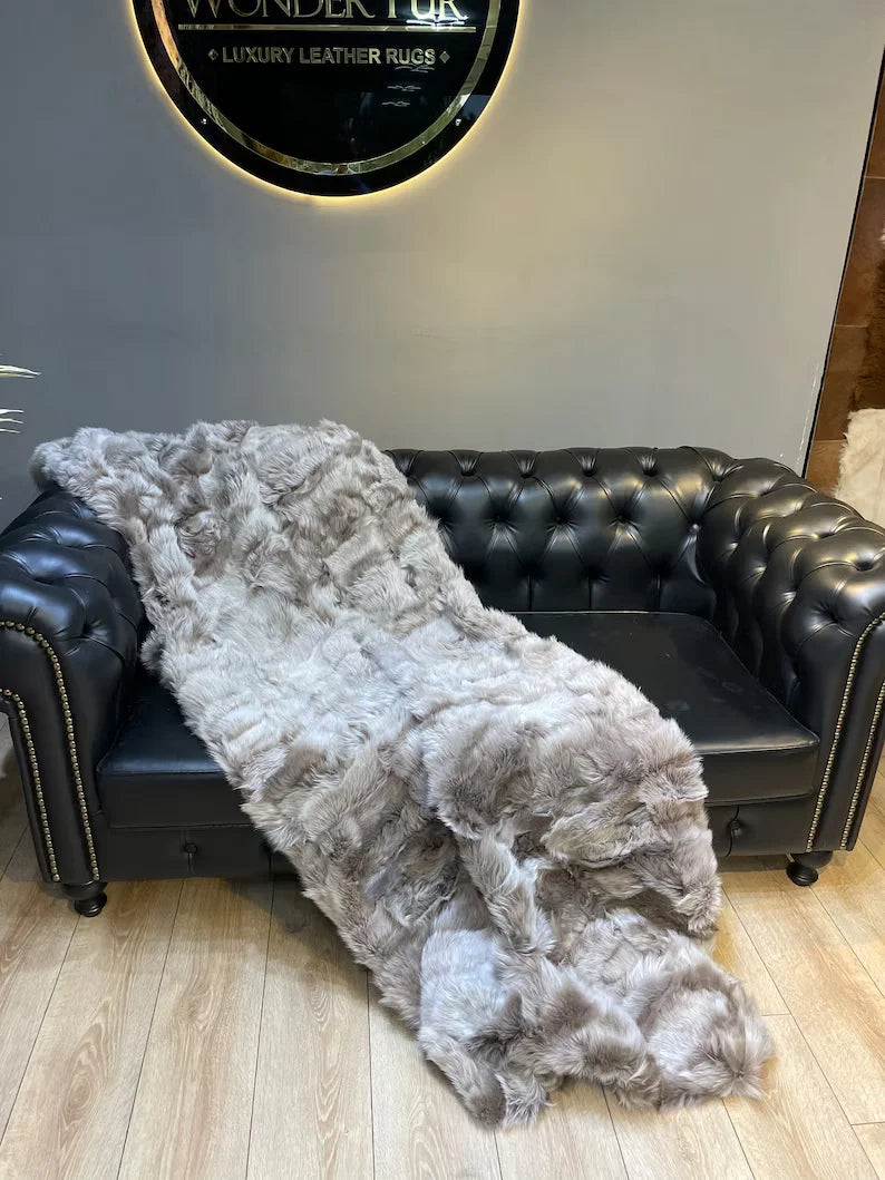 Natural Beige Real Sheepskin Blanket, Handmade Shaggy King Size Fluffy Throw