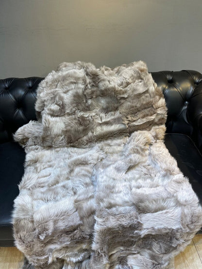 Natural Beige Real Sheepskin Blanket, Handmade Shaggy King Size Fluffy Throw