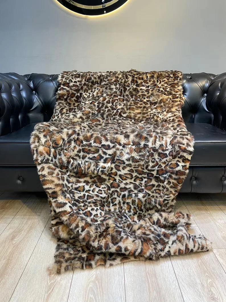 Natural Leopard Style Handmade Sheepskin Fur Blanket, Luxury Cozy Sexy Blanket