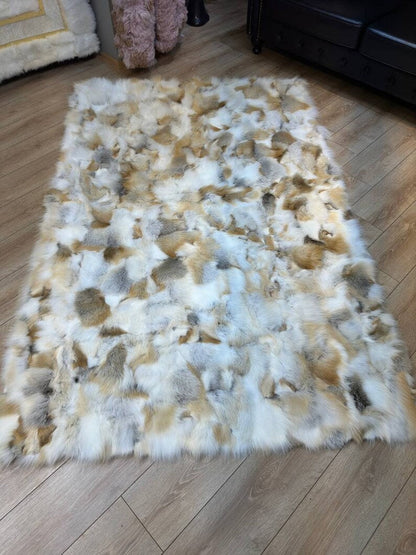 Luxury Golden Brown 100% Genuine Fox Fur Area Rug for Living Room