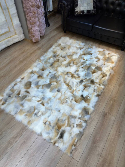 Luxury Golden Brown 100% Genuine Fox Fur Area Rug for Living Room