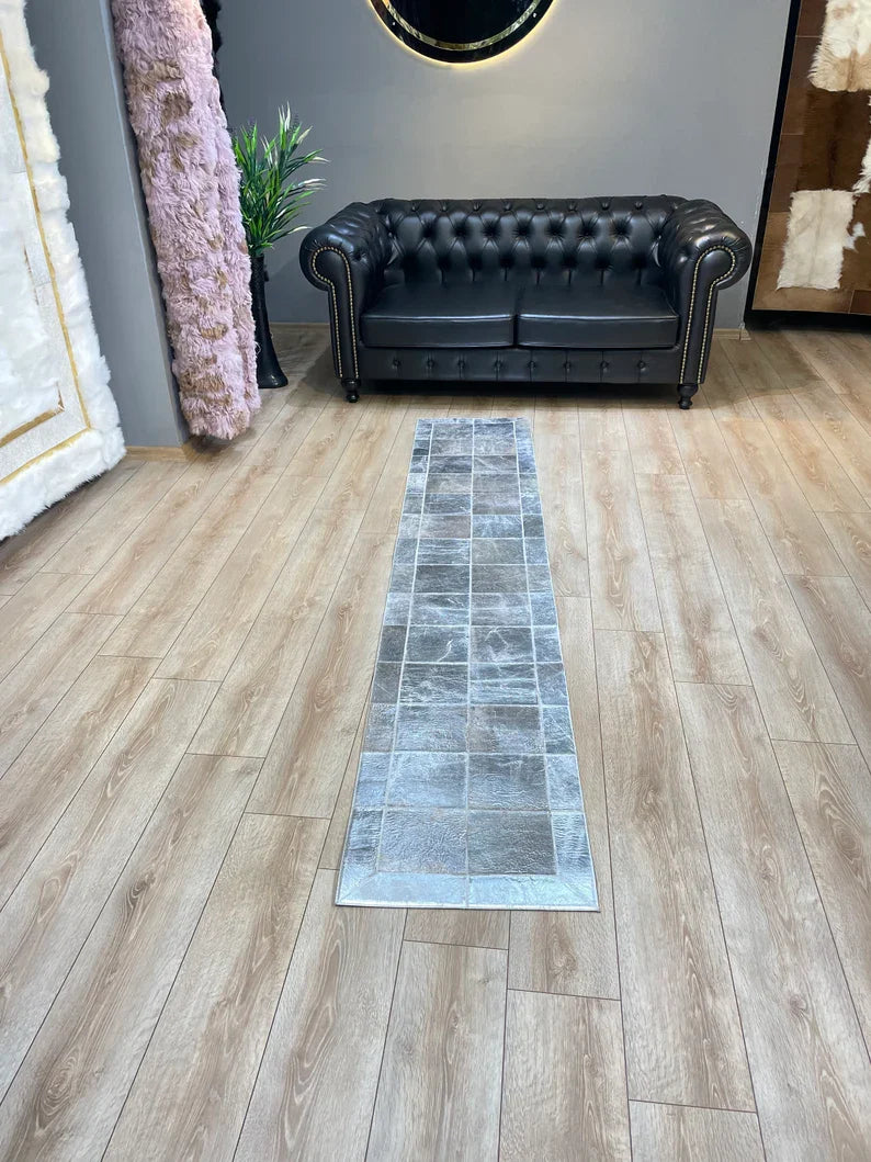 High Quality Silver Cowhide Runner Rug for Hallway, Handamde Patchwork Rug