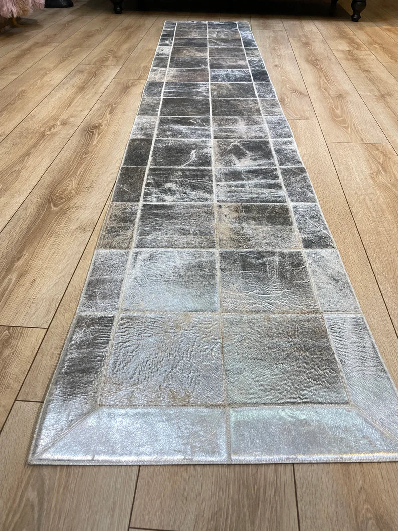 High Quality Silver Cowhide Runner Rug for Hallway, Handamde Patchwork Rug