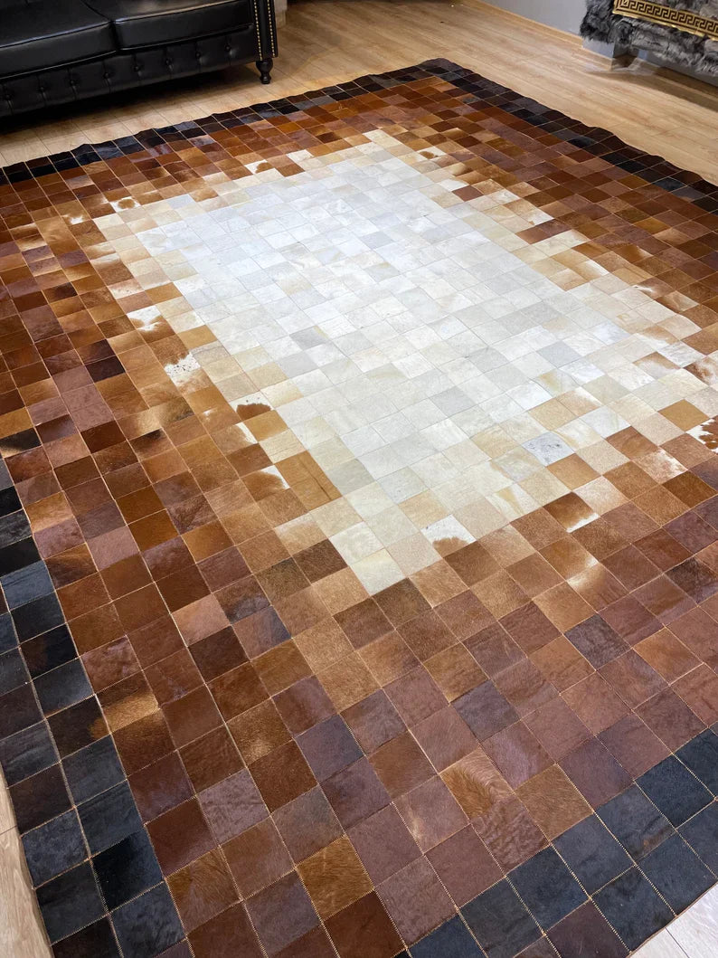 Tricolor Large 100% Real Cowhide Area Rug, All Handmade Hair on Cowhide Rug