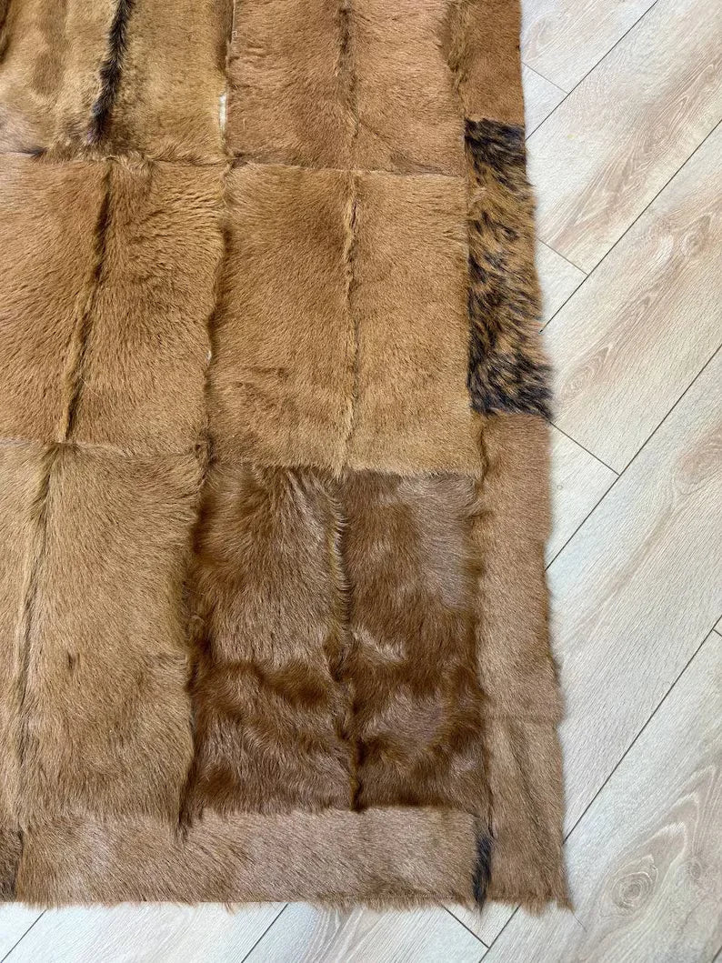 Brown Natural Goatskin Patchwork 8x11 Rug, Handamde Hair on Leather Area Rug