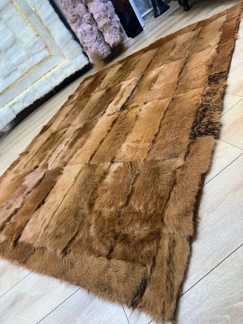 Brown Natural Goatskin Patchwork 8x11 Rug, Handamde Hair on Leather Area Rug