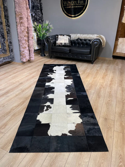 Black White Modern Hallway Rug, Hadnamde Natural Cowhide Runner 2x8 Rug