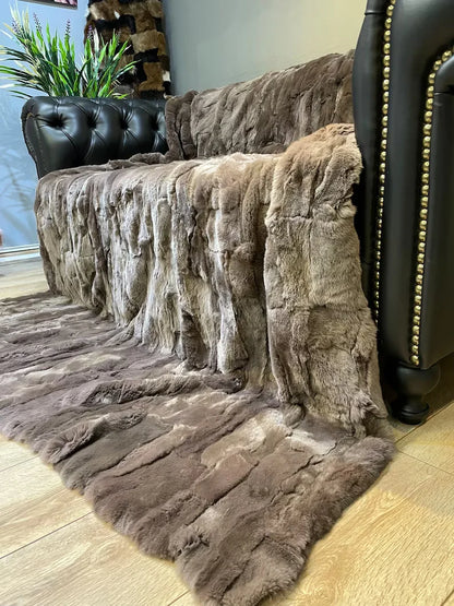 Luxury Natural Leather Rabbit Fur Throw, Handamde Real Leather Blanket