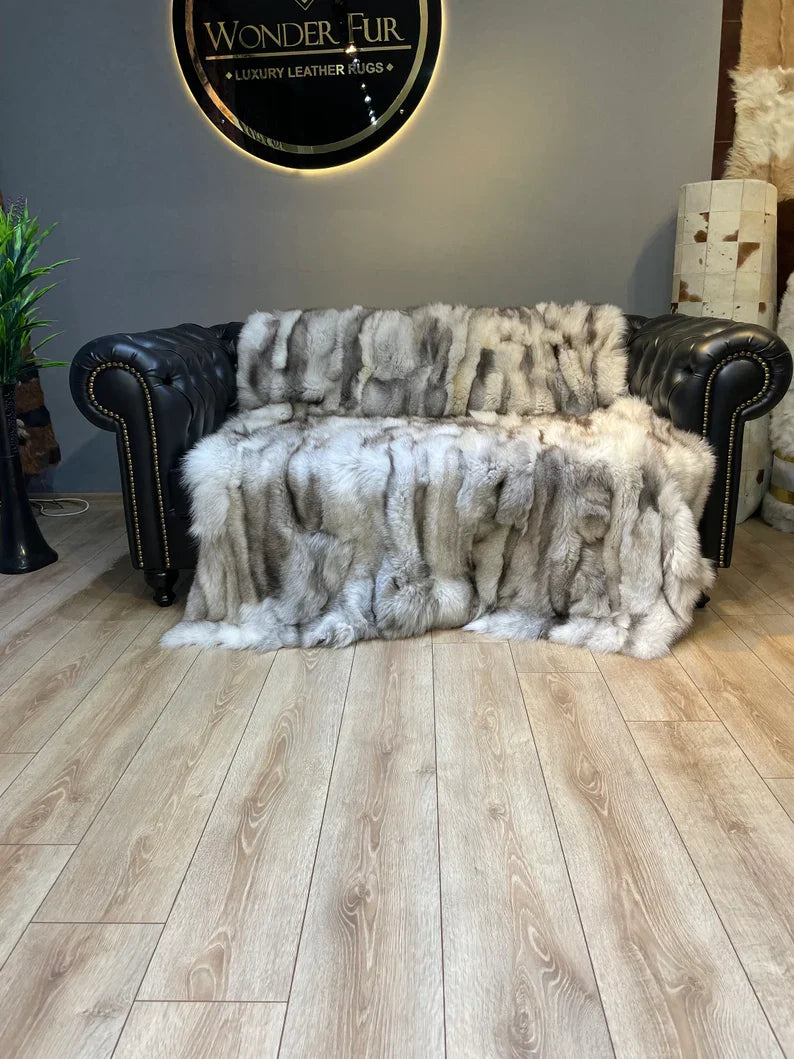 Luxury Canadian Gray Natural Fox Fur Blanket, 100% Handmade Shaggy Throw