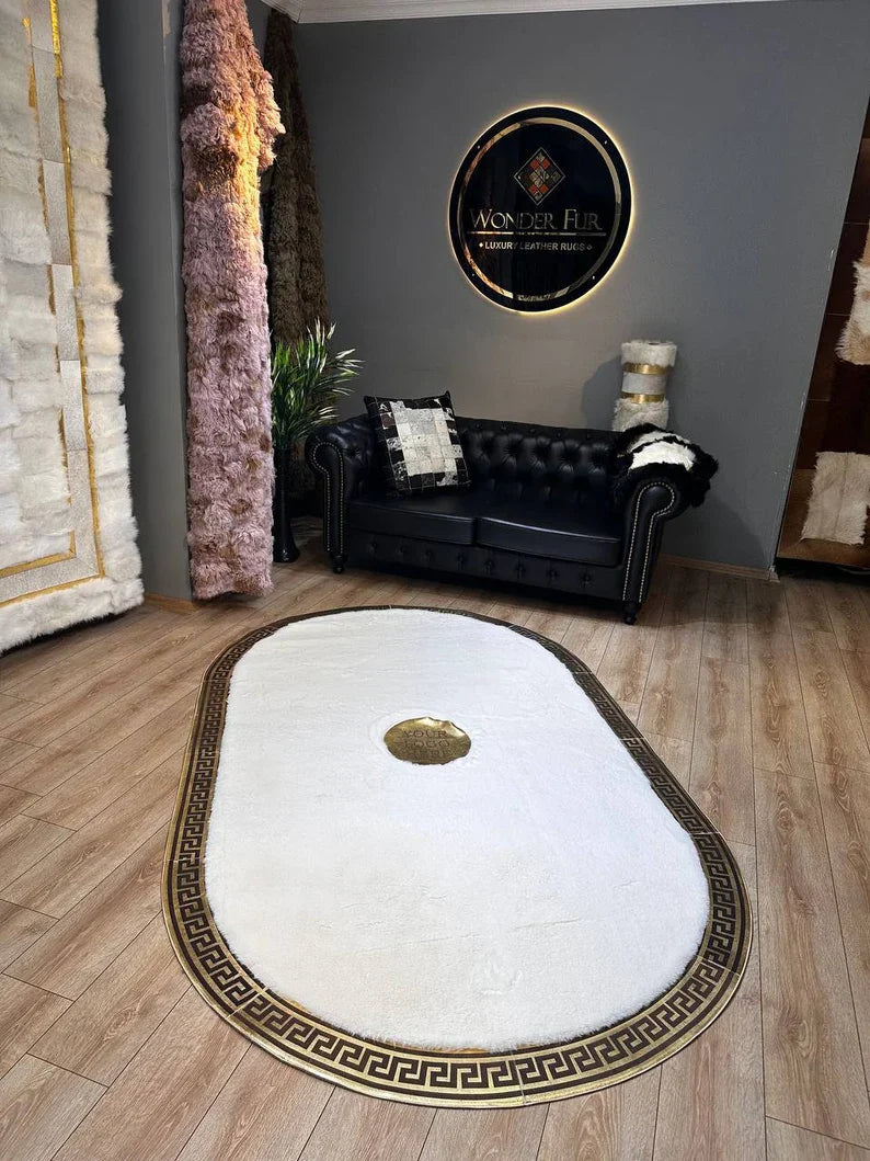 Elegant White Oval Faux Fur Rug with Gold Greek Key Pattern, Handamde Elegance