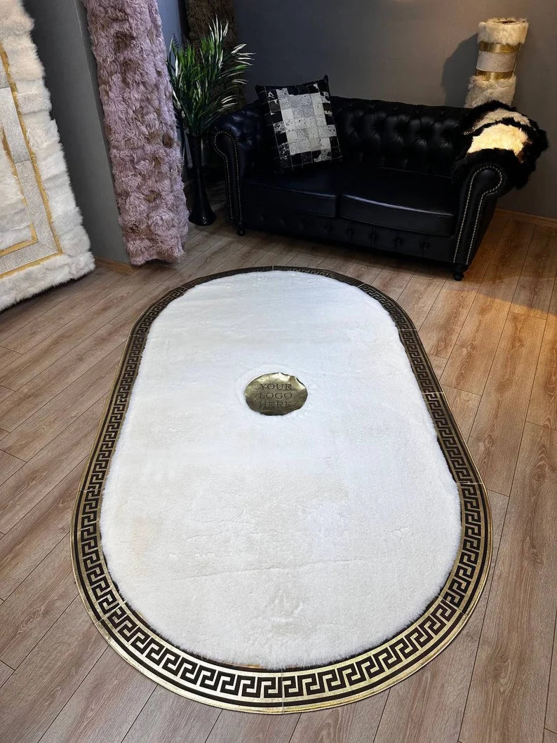 Elegant White Oval Faux Fur Rug with Gold Greek Key Pattern, Handamde Elegance