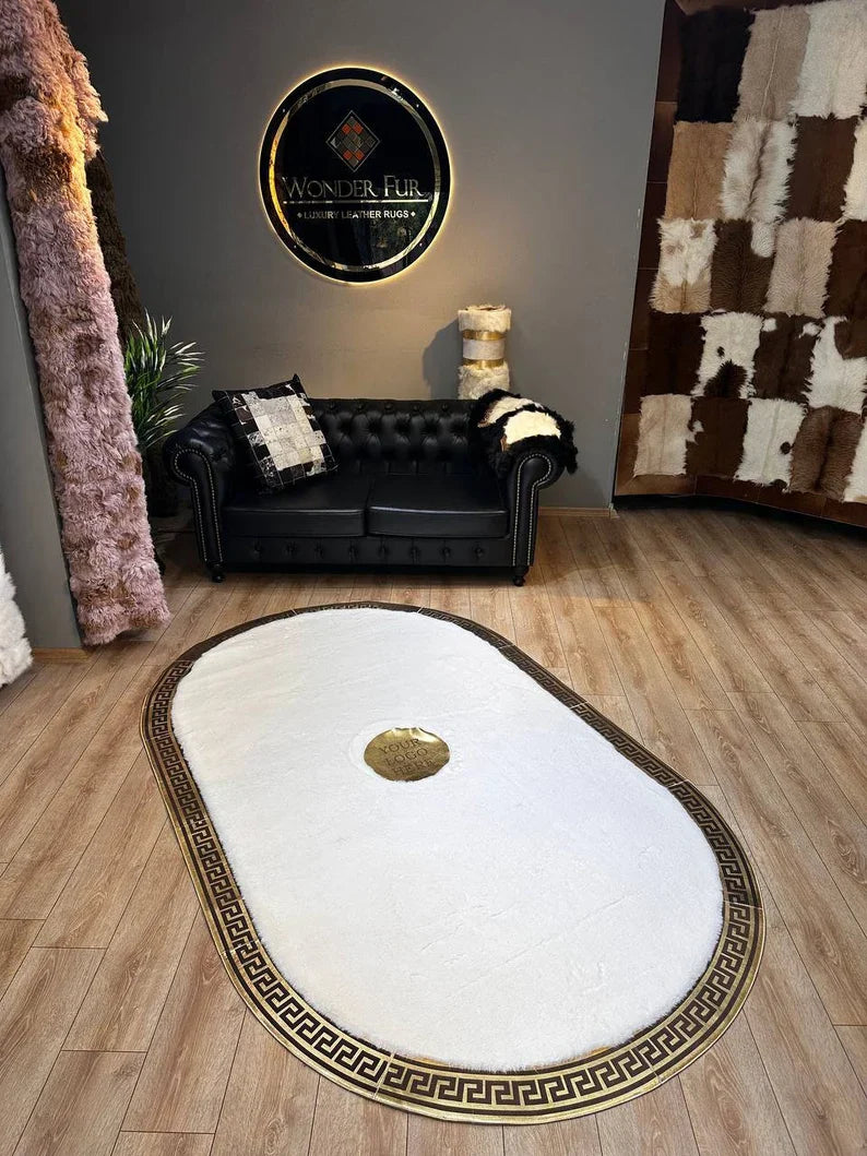 Elegant White Oval Faux Fur Rug with Gold Greek Key Pattern, Handamde Elegance